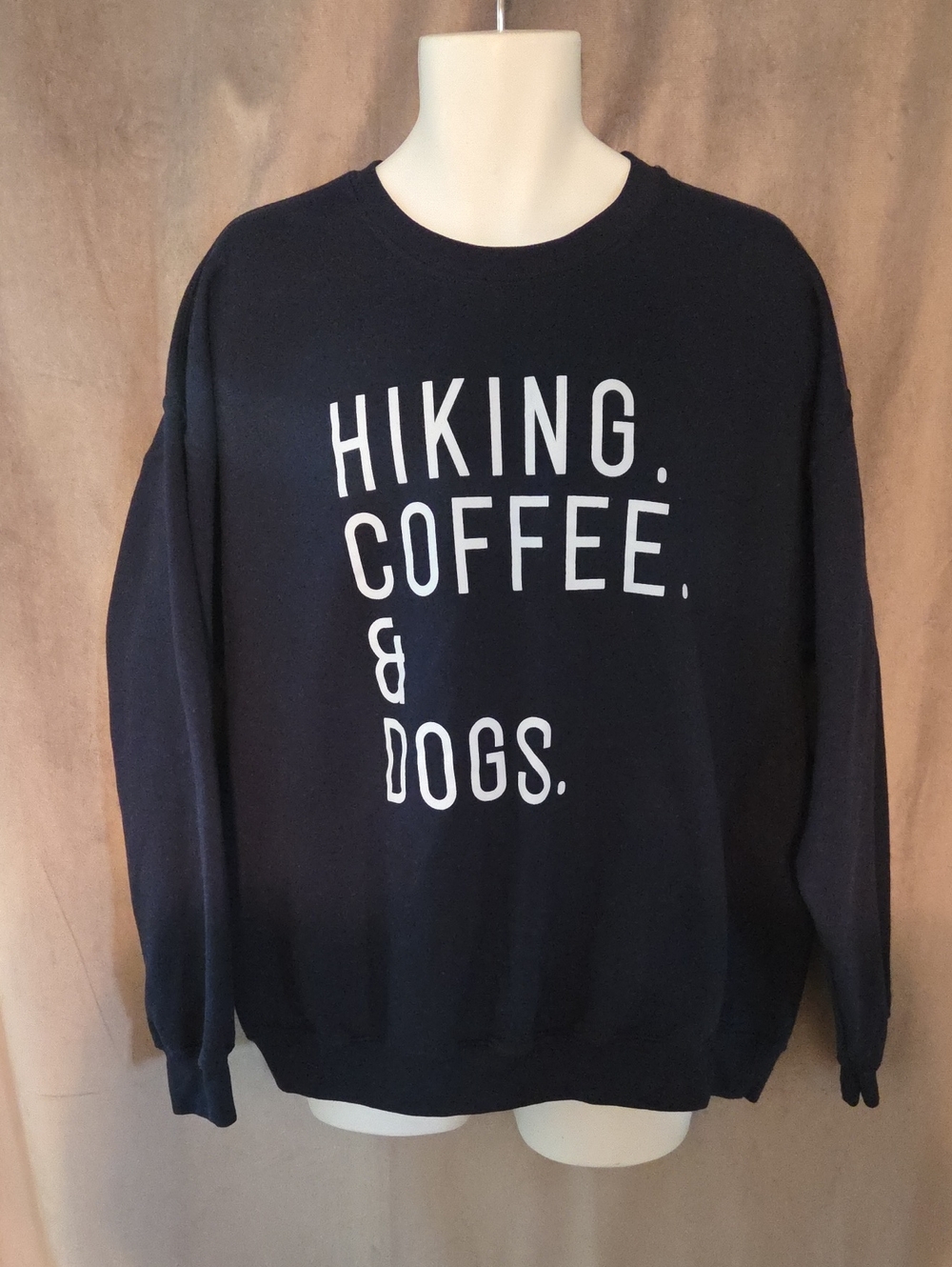 XL Navy Crewneck Sweater with White "HIKING. COFFEE. & DOGS." Graphic